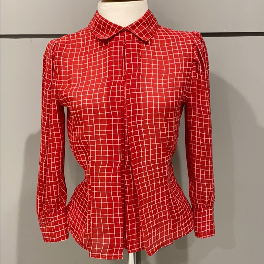 Red & White Vintage Geometric Grid Blouse Xs/S